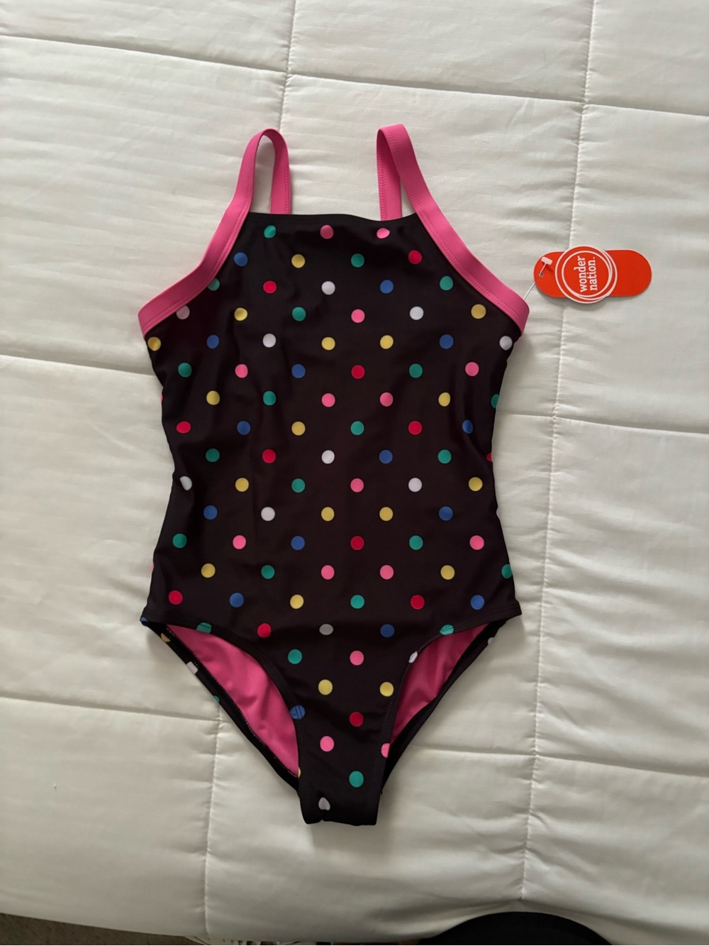 wonder nation Black One-Piece Swimsuit with Multicolor Polka Dots and Pink Trim